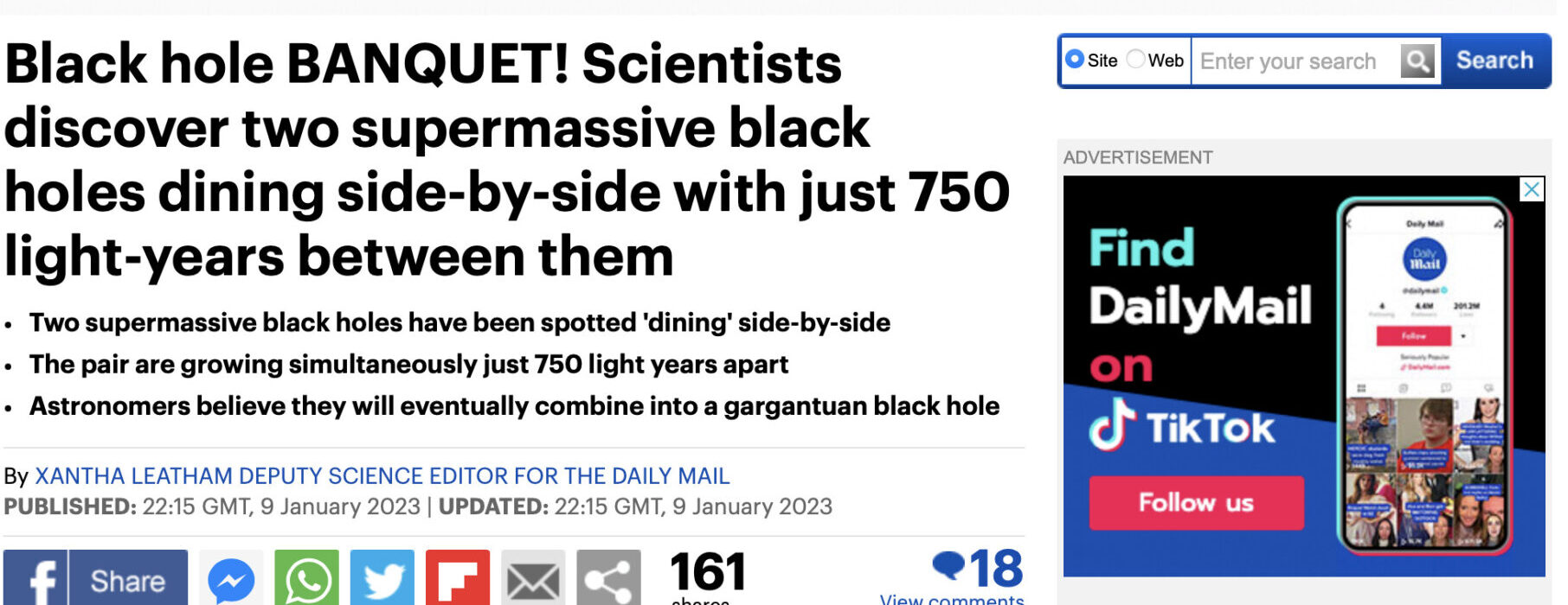 Black hole BANQUET! Scientists discover two supermassive black holes dining side-by-side with just 750 light-years between them